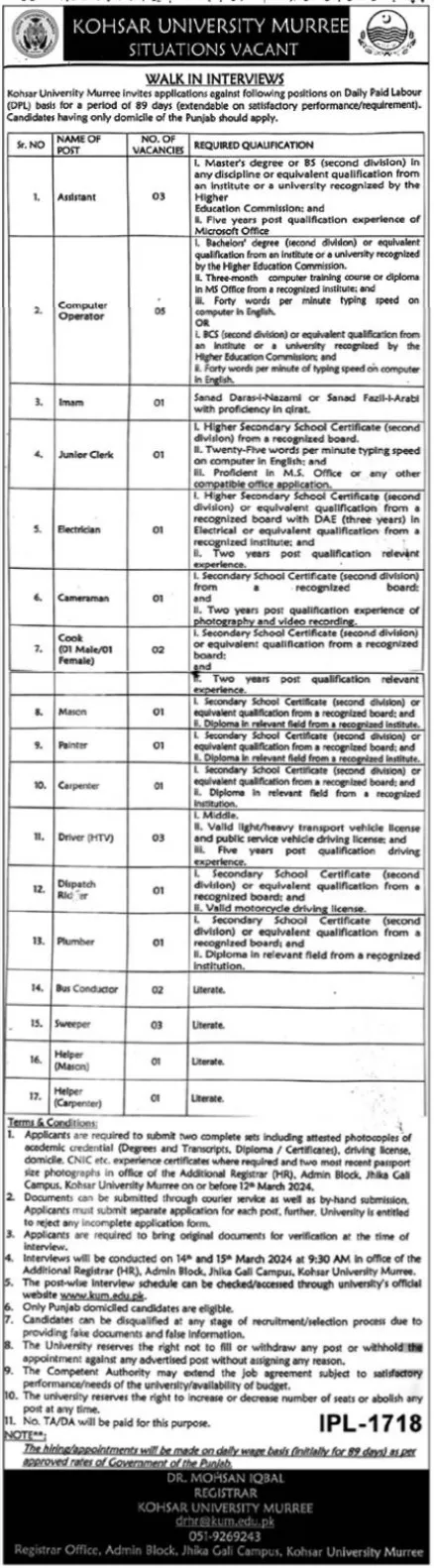 Walk In Interviews For Jobs At Kohsar University Murree 2024 Jobs 2024 — original advertisement