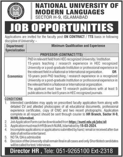National University of Modern Languages NUML Islamabad Jobs – National University of Modern Languages Islamabad Jobs 2024 — original advertisement