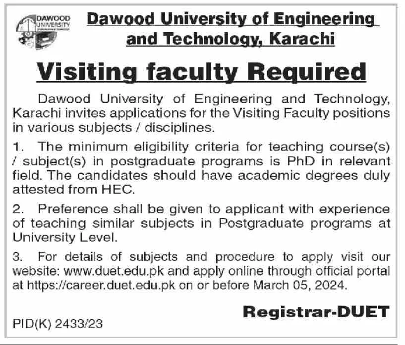 Dawood University of Engineering & Technology Karachi Jobs – Dawood University of Engineering and Technology Karachi Jobs 2024 — original advertisement