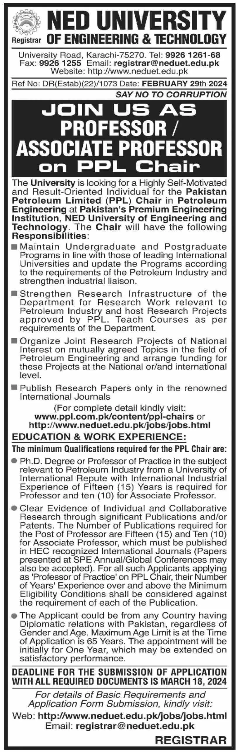 NED University Of Engineering Karachi Jobs 2024 – NED University of Engineering and Technology Jobs 2024 — original advertisement