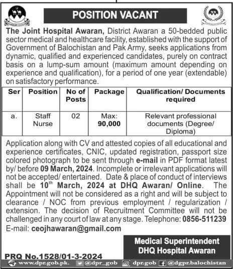 Joint Hospital Awaran Balochistan Jobs 2024 Jobs 2024 — original advertisement