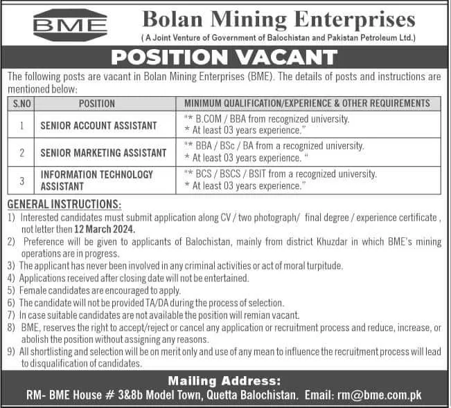 Bolan Mining Enterprises Quetta Balochistan Jobs 2024 Jobs 2024 — original advertisement