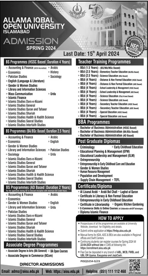 Admission open in Allama Iqbal Open University Spring 2024 – Allama Iqbal Open University Islamabad Admissions 2024 — original advertisement