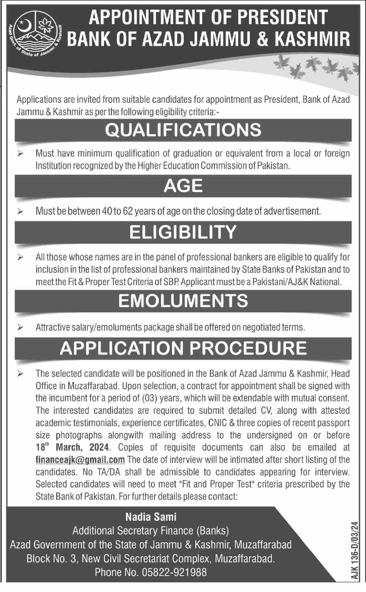 Bank Of Azad Jammu & Kashmir BAJK Muzaffarabad Jobs 2024 Jobs 2024 — original advertisement