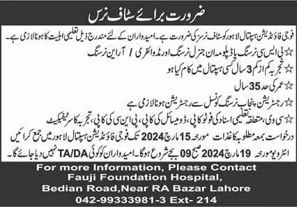 Fauji Foundation Hospital Lahore Jobs 2024 – Fauji Foundation Rawalpindi Jobs 2024 — original advertisement