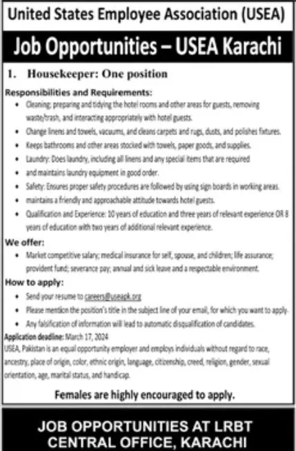 United States Employee Association Usea Karachi Jobs 2024 Jobs 2024 — original advertisement