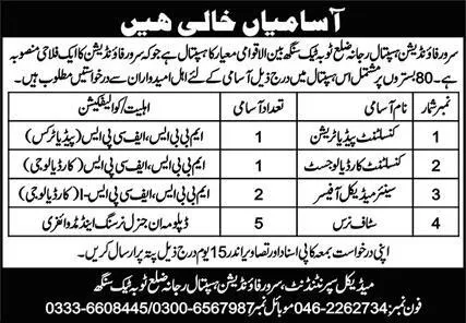 Sarwar Foundation Hospital Rajhna Toba Dek Singh Jobs 2024 – Sarwar Foundation Hospital Rajana Jobs 2024 — original advertisement