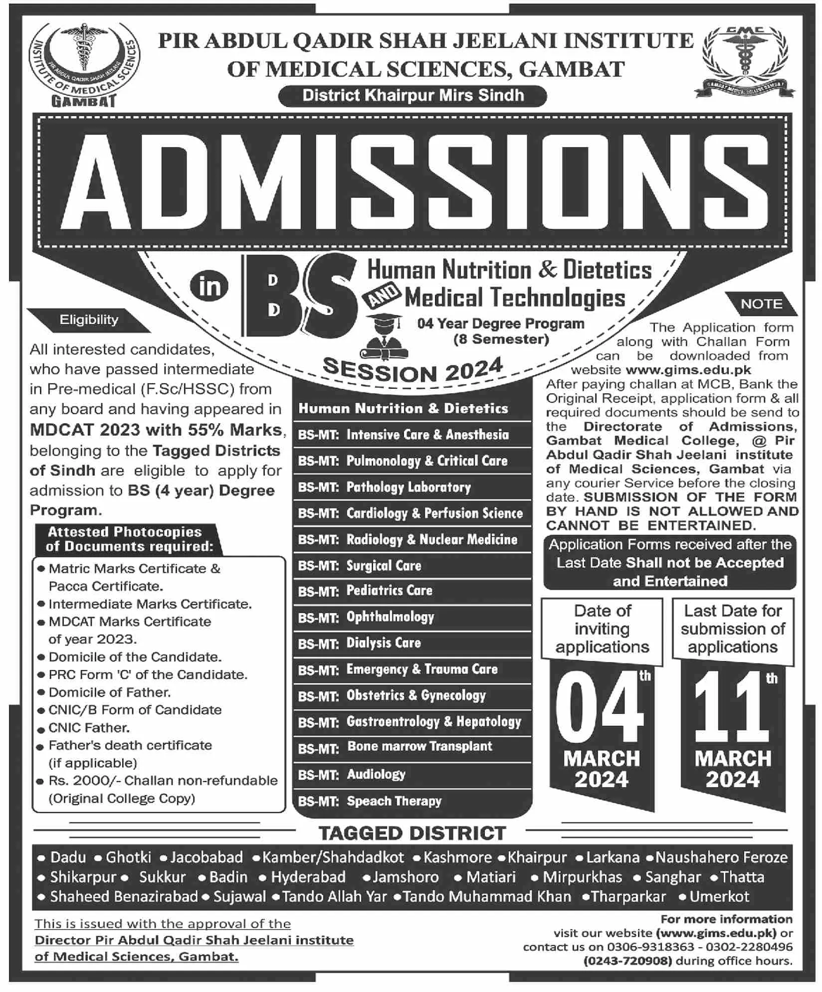 Admission Open in Pir Abdul Qadir Shah Jeelani Institute – pir abdul qadir jilani institute of medical science Admissions 2024 — original advertisement