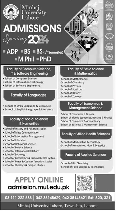 Admissions Open in Minhaj University of Lahore 2024 – Minhaj University Lahore Admissions 2024 — original advertisement