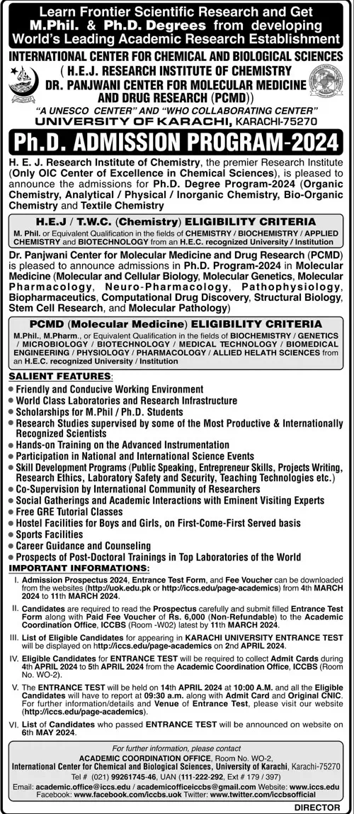 Admissions Open in Phd University of karachi 2024 Admissions 2024 — original advertisement