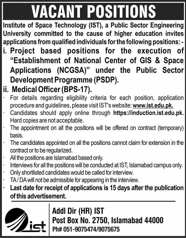 Institute of Space Technology IST Islamabad Jobs 2024 – Institute of Space Technology ITS Islamabad Jobs 2024 — original advertisement