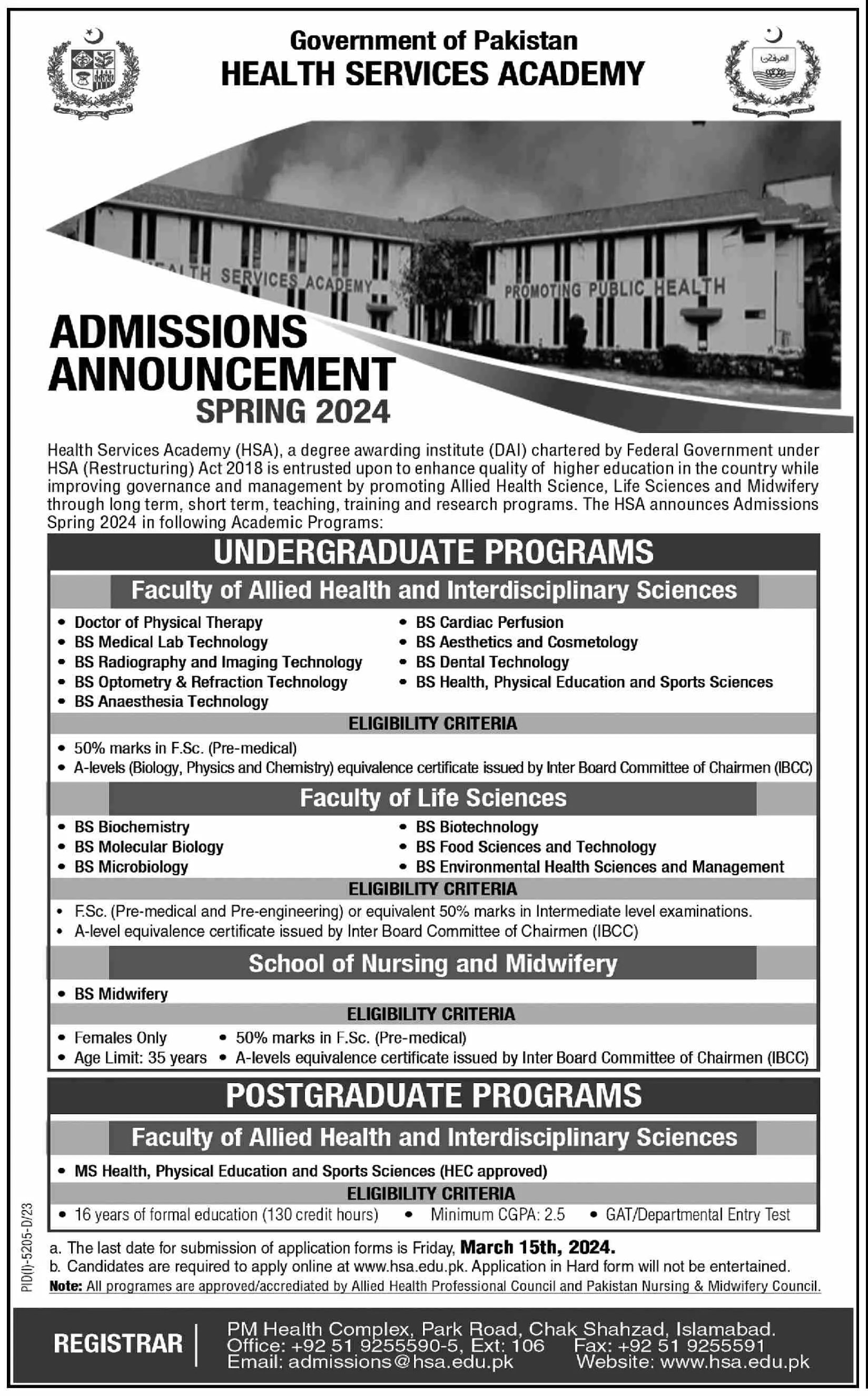 Admissions Open in Health Services Acadmy 2024 – Health Services Academy Admissions 2024 — original advertisement
