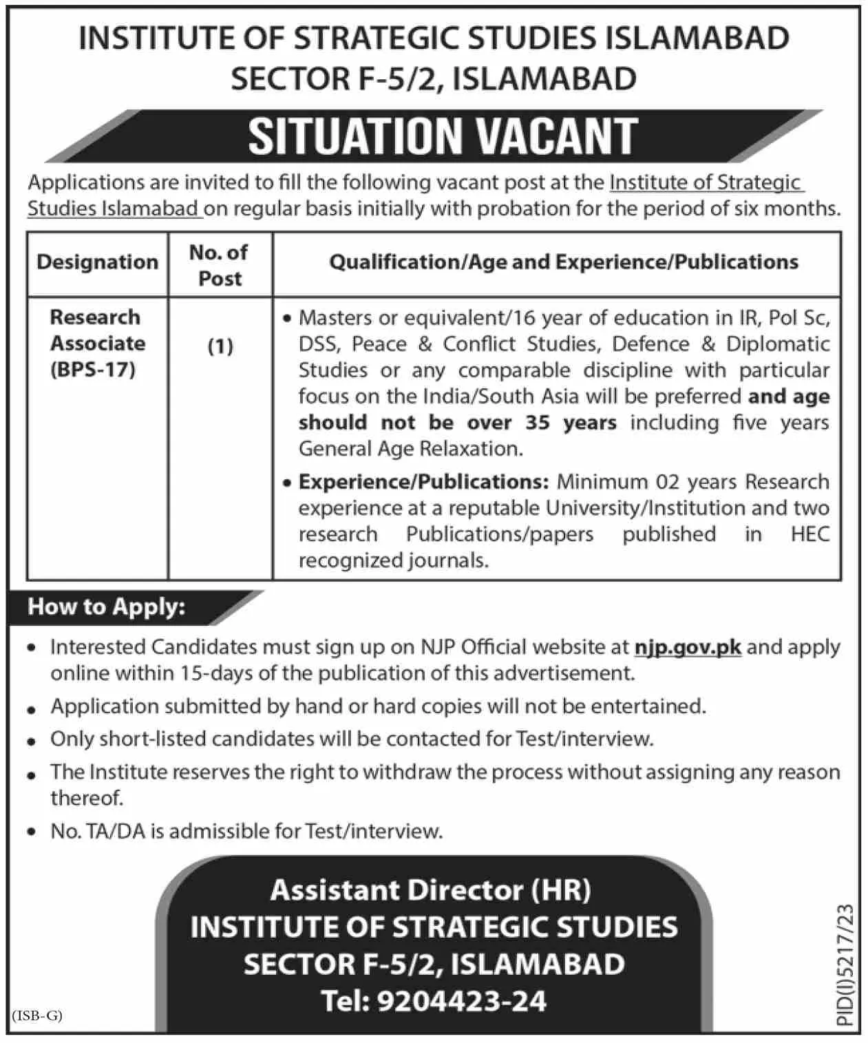 The Institute of Strategic Studies Islamabad Jobs 2024 Jobs 2024 — original advertisement