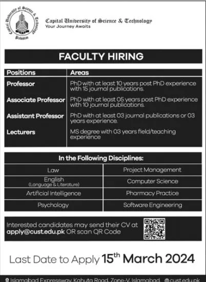 Capital Univerisity of Science And Technology Jobs – Capital Hospital Islamabad Jobs 2024 — original advertisement