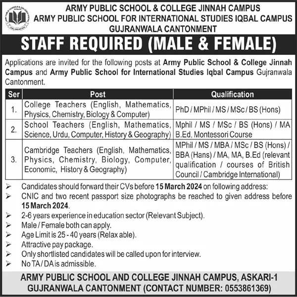 Army Public School And College Gujranwala Jobs 2024 – Army Public School & College Paksitan Jobs 2024 — original advertisement