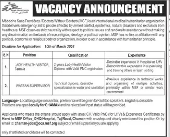Medecins Sans Frontieres MSF Chaman Jobs 2024 – Medecins Sans Frontières (MSF) Jobs 2024 — original advertisement