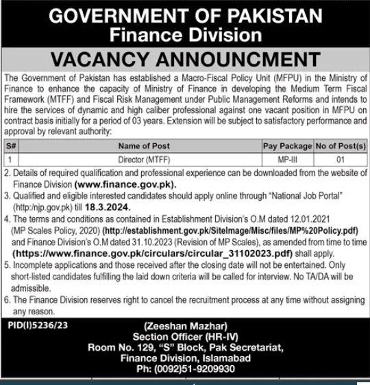 Finance Division Islamabad Jobs 2024 Jobs 2024 — original advertisement