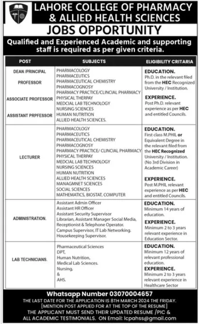 Lahore College Of Pharmacy & Allied Health Jobs 2024 – Lords College of Pharmacy Jobs 2024 — original advertisement