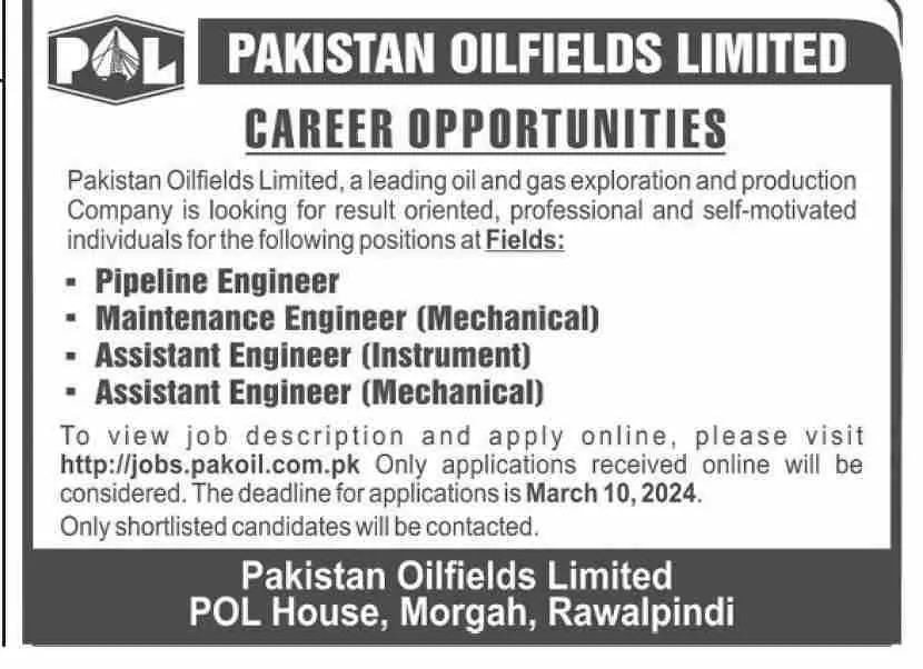 Pakistan Oilfields Limited POL Rawalpindi Jobs 2024 Jobs 2024 — original advertisement