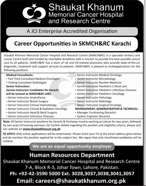 Shaukat Khanum Hospital Lahore Jobs 2024 – Shaukat Khanum Memorial Cancer Hospital and Research Centre Jobs 2024 — original advertisement