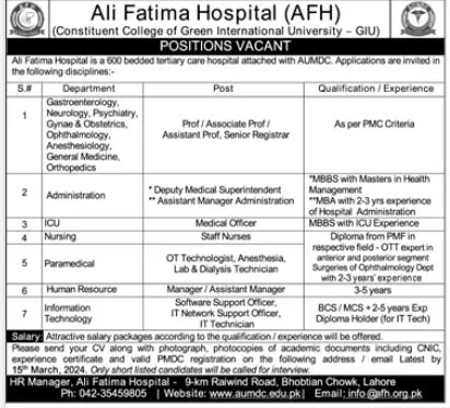 Ali Fatima Hospital AFH Jobs 2024 – Ali Fatima Hospital (AFH) Jobs 2024 — original advertisement