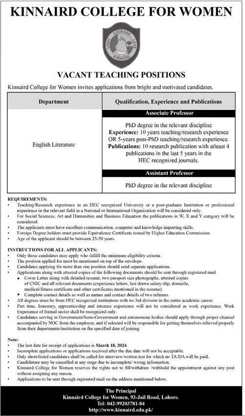 Kinnaird College For Women Lahore Jobs 2024 – Punjab Kinnaird College for Women Lahore Jobs 2024 — original advertisement
