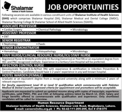 Shalamar Institute Of Health Sciences Jobs 2024 Jobs 2024 — original advertisement