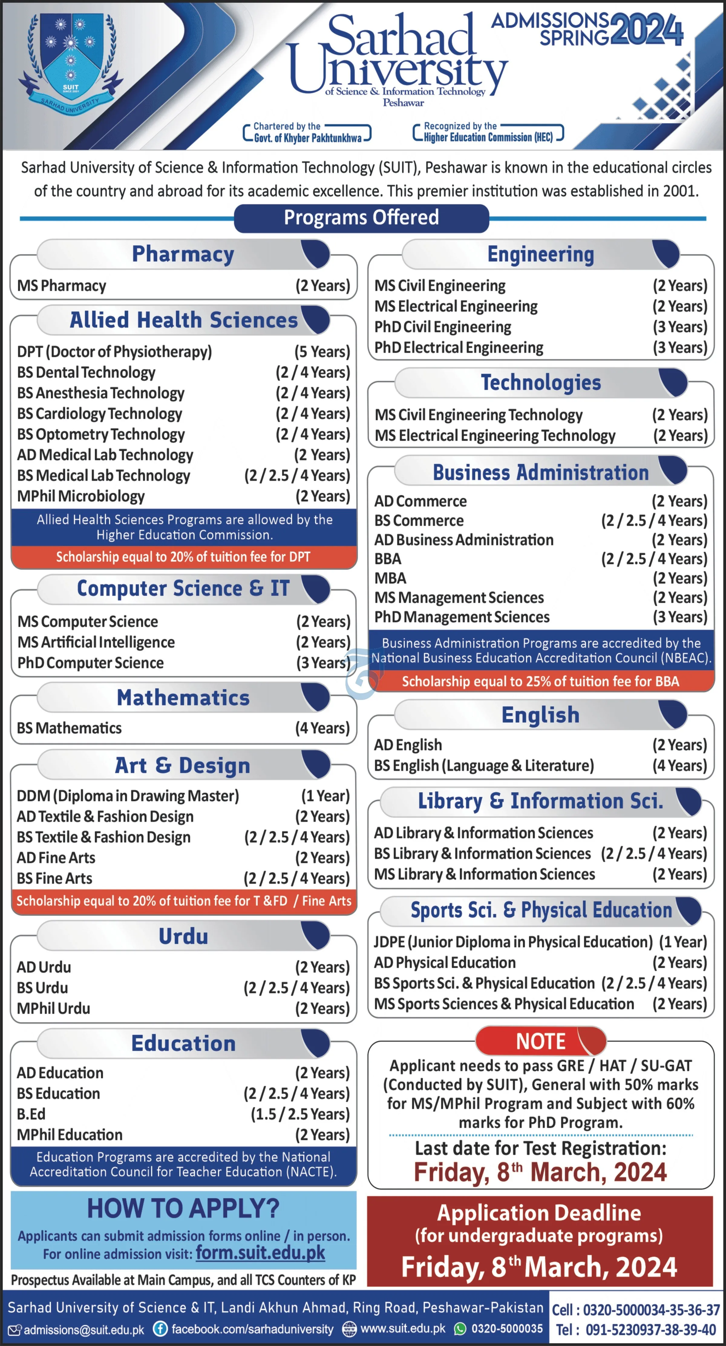 Admission Open in Sarhad University Peshawar 2024 – Sarhad University of Science and Information Technology Peshawar Admissions 2024 — original advertisement