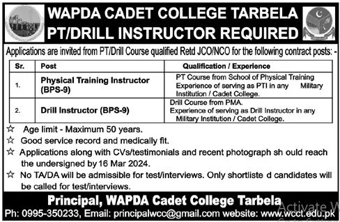 Wapda Cadet College Tarbela Jobs 2024 Jobs 2024 — original advertisement