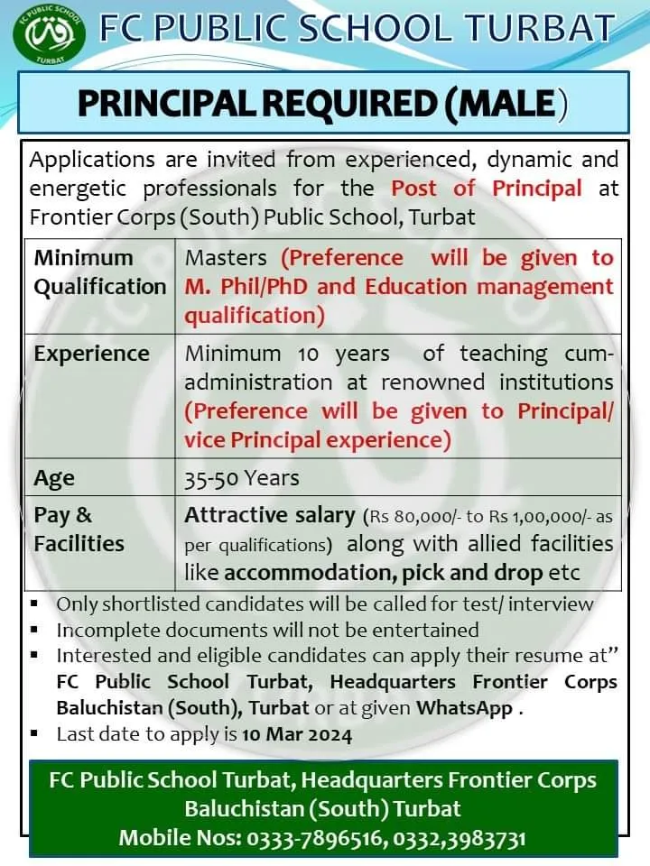 FC Public School Turbat Balochistan Jobs 2024 – FC Public School and College Jobs 2024 — original advertisement
