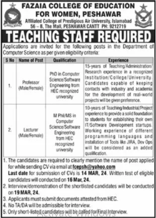 Fazaia College of Education For Women Peshawar Jobs 2024 – Fazaia Schools & Colleges Jobs 2024 — original advertisement