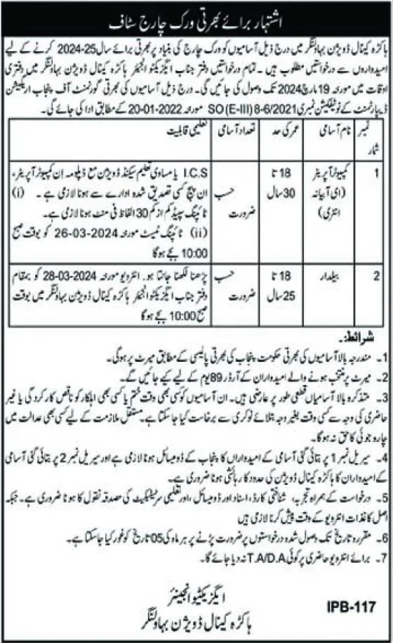 Canal Division Bahawalnagar Punjab Jobs 2024 – Irrigation Department Punjab Jobs 2024 — original advertisement