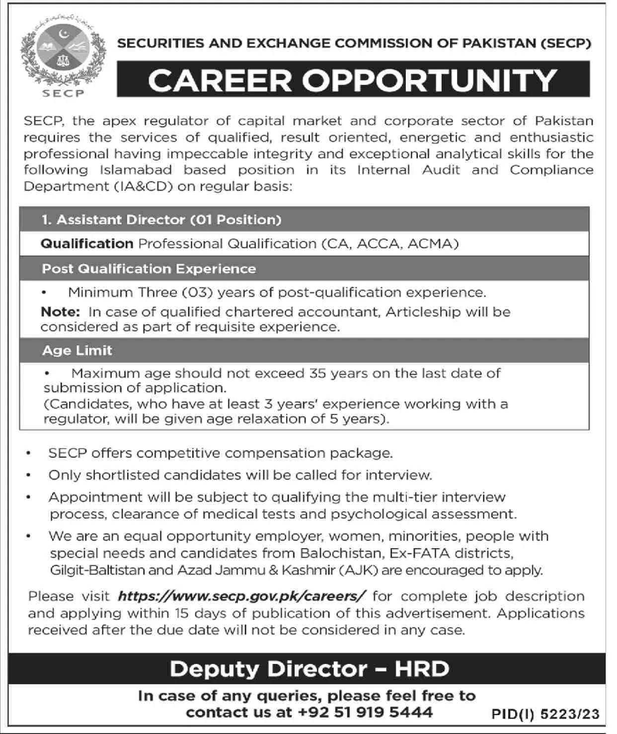 Securities & Exchange Commission Of Pakistan Islamabad Jobs Jobs 2024 — original advertisement
