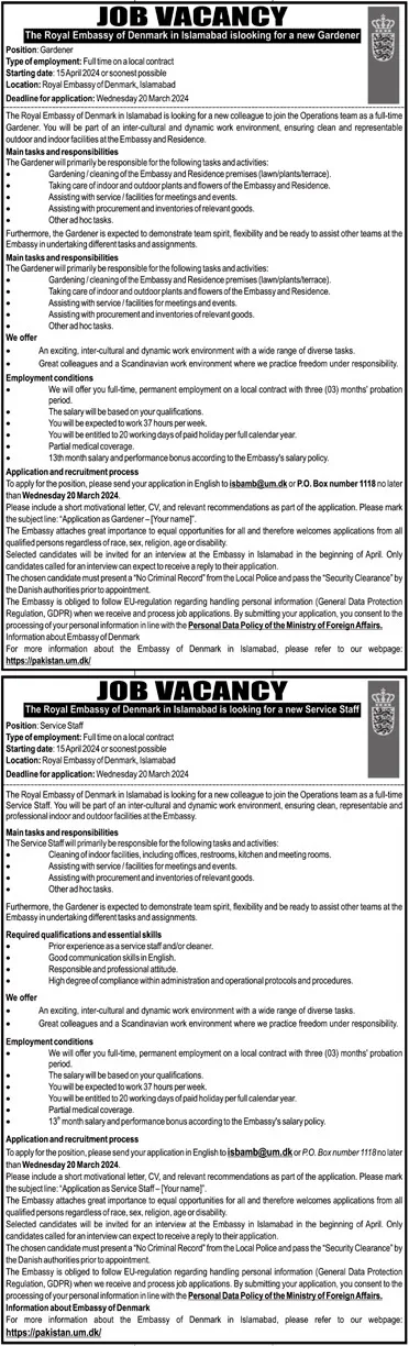 The Royal Embassy of Denmark Islamabad Jobs 2024 – US Embassy Islamabad Jobs 2024 — original advertisement