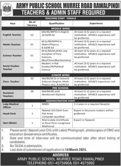 Army Public School Murree Road Rawalpindi Jobs 2024 – Army Public School & College Paksitan Jobs 2024 — original advertisement