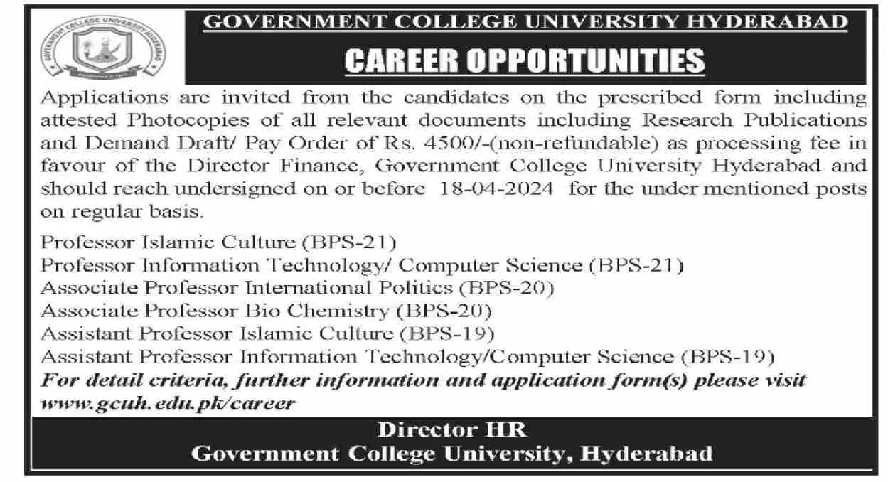 Government College University Hyderabad Jobs 2024 Jobs 2024 — original advertisement