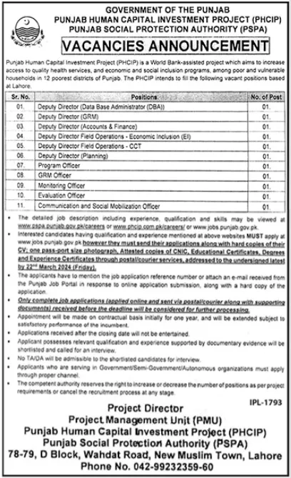 Punjab Human Capital Investment Project Lahore Jobs 2024 – Punjab Social Protection Authority Jobs 2024 — original advertisement