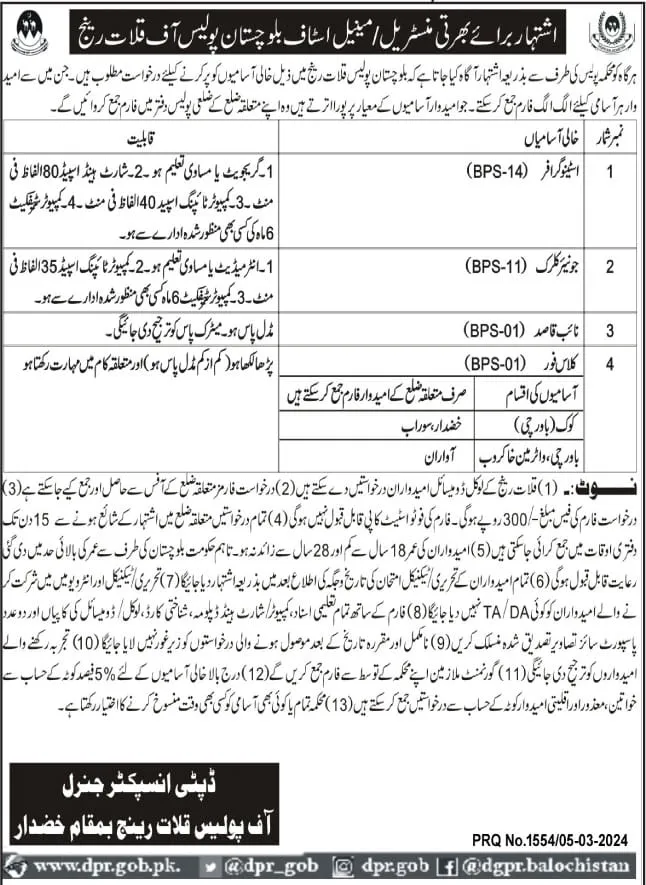 Balochistan Police Kalat Range jobs 2024 – Balochistan Police Department Jobs 2024 — original advertisement