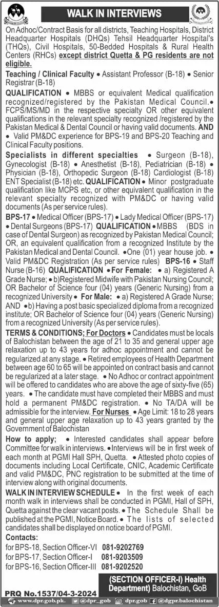 Health Department Balochistan Teaching Hospitals Jobs 2024 – Health Department Balochsitan Jobs 2024 — original advertisement