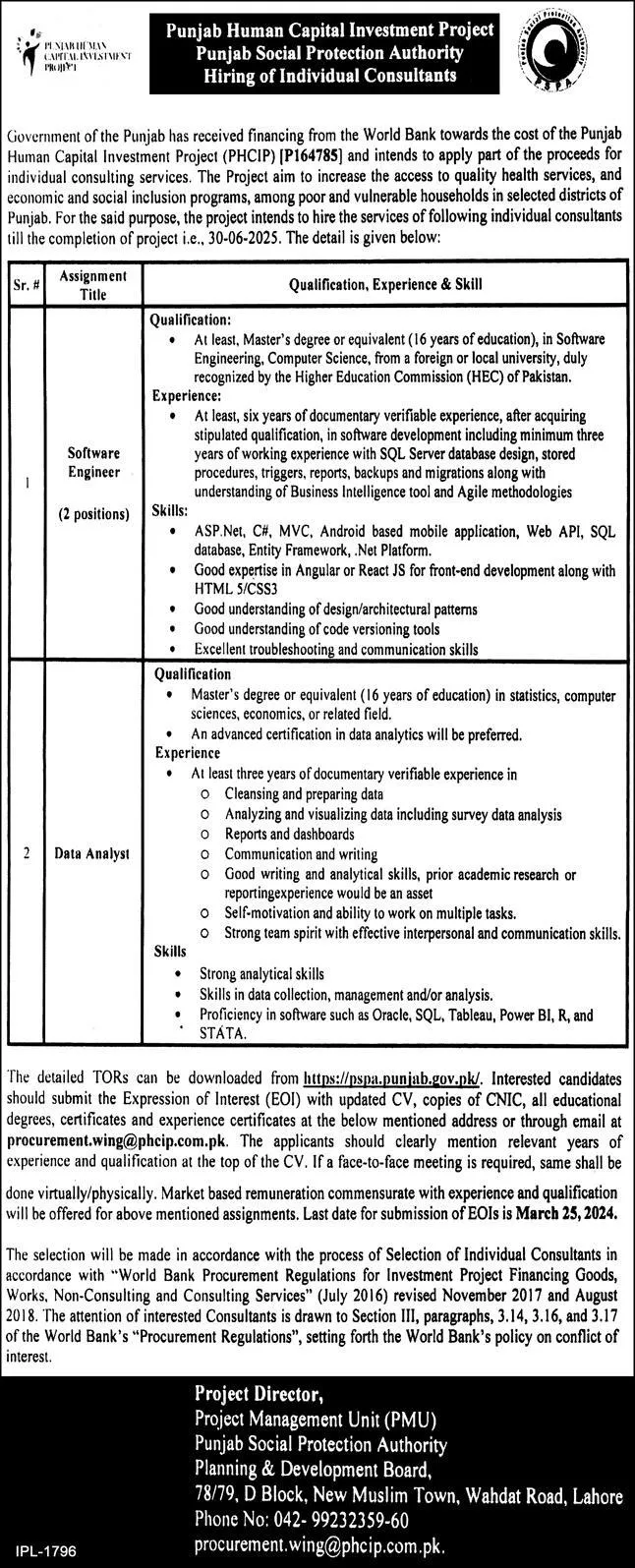 Punjab Human Capital Investment Project Lahore Jobs 2024 – Punjab Social Protection Authority Jobs 2024 — original advertisement
