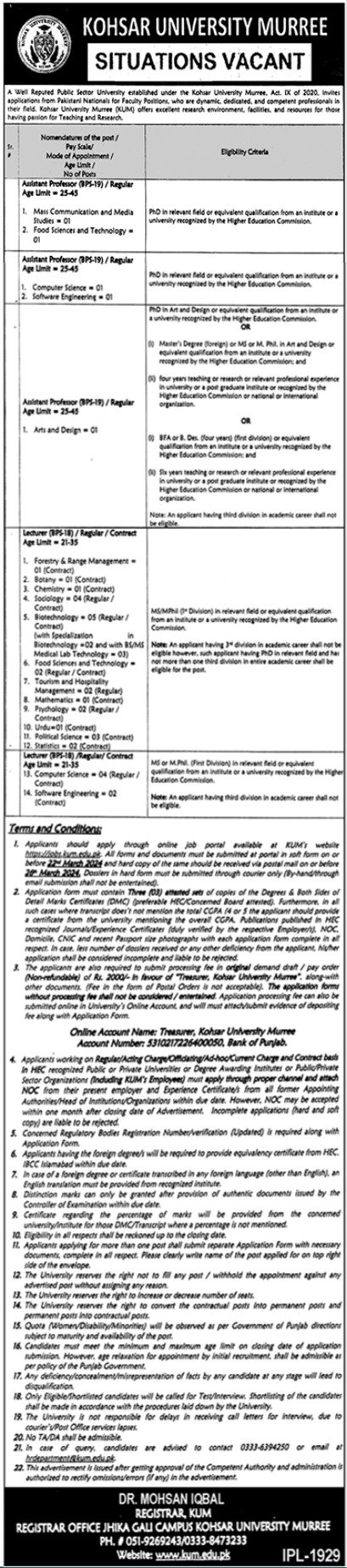 Kohsar University Murree Punjab Jobs 2024 – Koshar University Murree Jobs 2024 — original advertisement