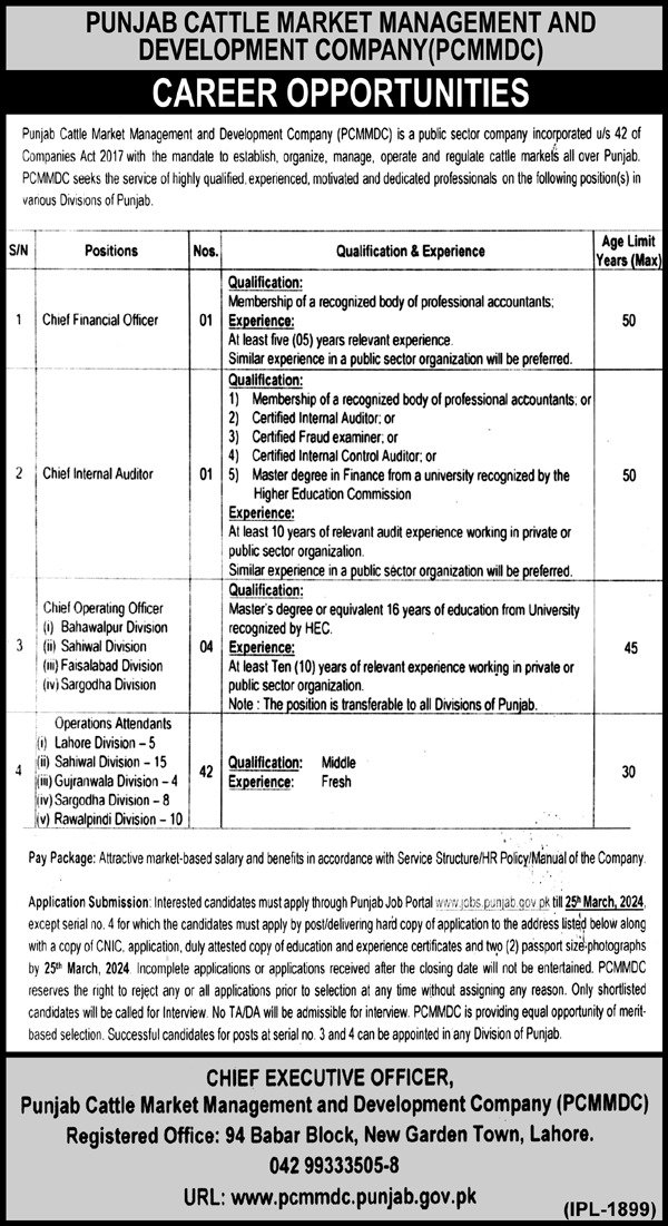 Punjab Cattle Market Management & Development Company Jobs – Private Company Jobs 2024 — original advertisement