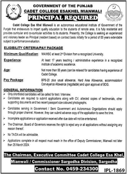 Cadet College Esakhel Esa Khail Mainwali Jobs 2024 – Cadet College Esa Khel Mianwali Jobs 2024 — original advertisement