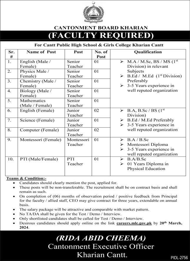 Cantonment Board Kharian Punjab Jobs 2024 Jobs 2024 — original advertisement