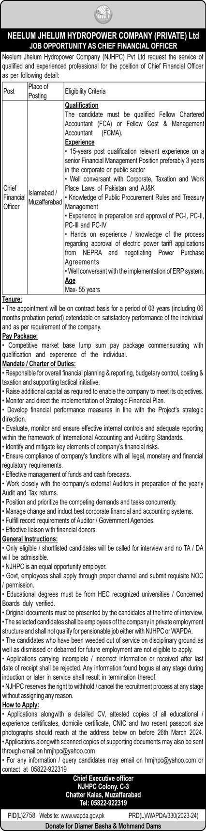 Neelum Jhellum Hydropower Company Jobs 2024 – Water and Power Development Authority Jobs 2024 — original advertisement