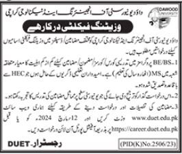 Visiting Faculty Jobs At Dawood University Of Engineering – Dawood University of Engineering and Technology Karachi Jobs 2024 — original advertisement