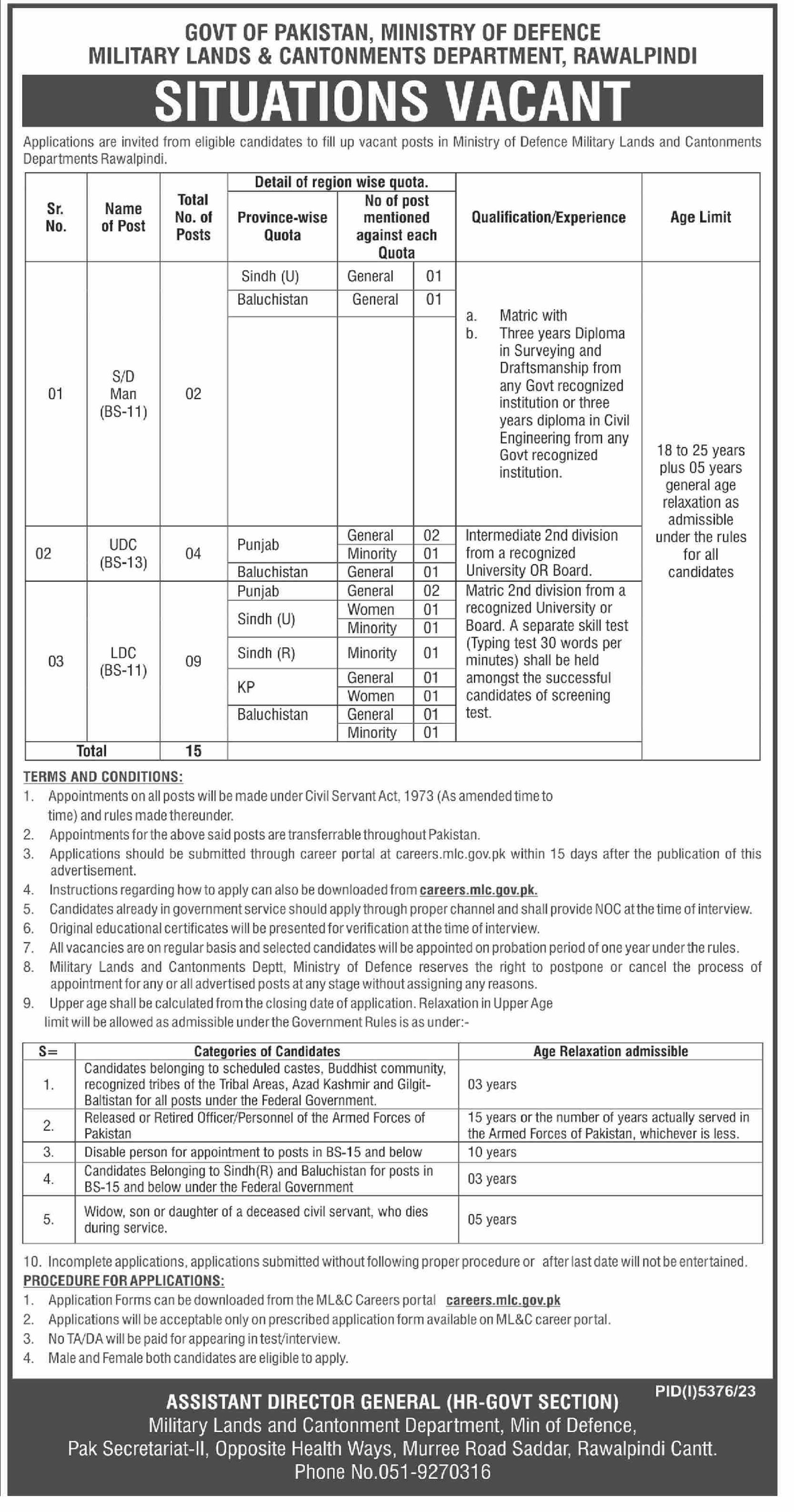 Military Lands and Cantonment Department Rawalpindi Jobs – Cantonment Board Jobs 2024 — original advertisement