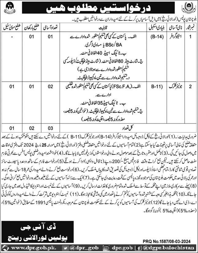 Balochistan Police Loralai Range Jobs 2024 – Balochistan Police Department Jobs 2024 — original advertisement