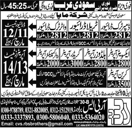 Bulldozer Operator & Excavator Operator Jobs 2024 – RBS Brothers Jobs 2024 — original advertisement
