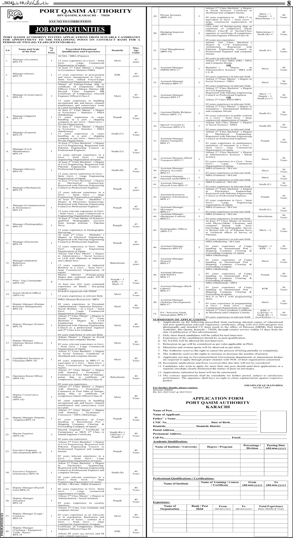 Port Qasim Authority PQA Karachi Jobs 2024 – Port Qasim Authority Karachi Jobs 2024 — original advertisement